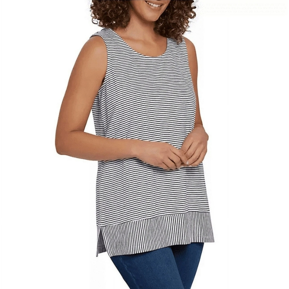 LANDS' END Womens Split Hem Tank Black & White Stripped Size XL New With Tags